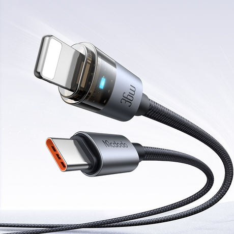 Cablu Mcdodo (CA-6940), with Charging Light, USB-C to Lightning, Transparent Cable, 36W, 1.2m, Negru