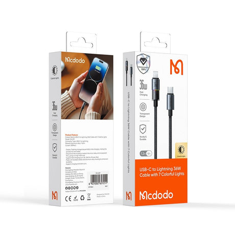 Cablu Mcdodo (CA-8190), with 7 Colorful Lights, USB-C to Lightning, 36W, 3A, 1.2m, Negru