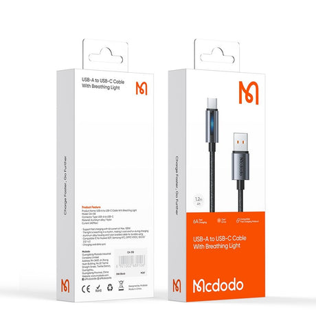 Cablu Mcdodo (CA-5180), with Breathing Light, USB-A to USB-C, 100W, 6A, 1.2m, Negru