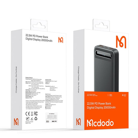 Baterie externa Mcdodo Star Series (MC-3891), USB-C + 2x USB, 20000mAh, 22.5W, Digital Display, Negru
