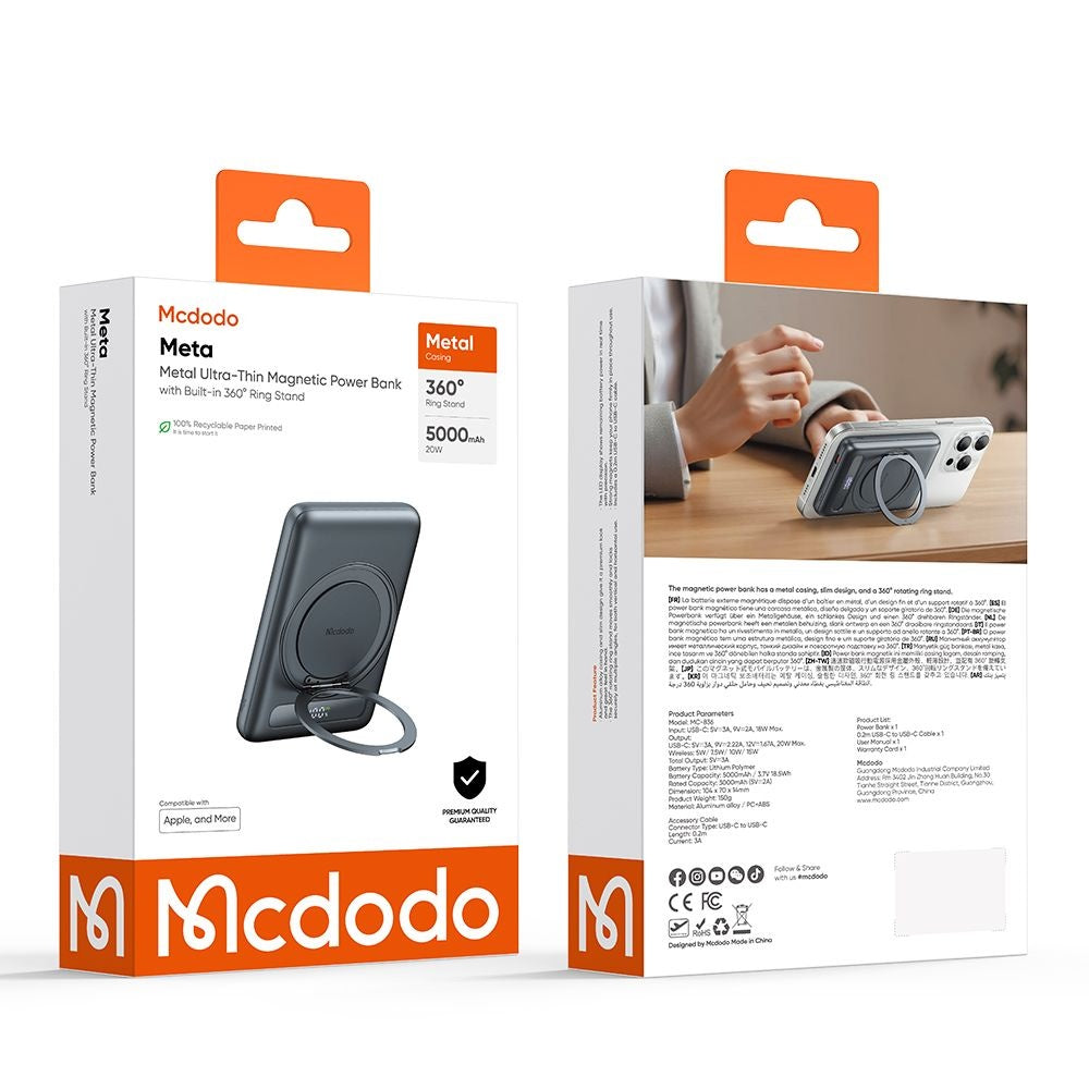 Baterie externa Mcdodo Magnetic Meta Series (MC-8361), Built-in 360° Ring Stand, 5000mAh, 20W, Digital Display, Gri Inchis