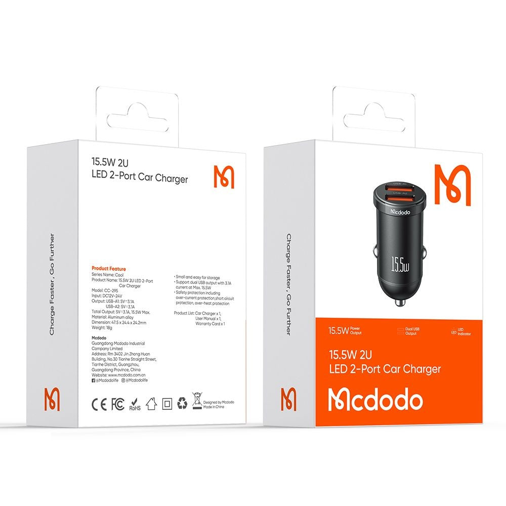 Incarcator Mcdodo Car Cool Series (CC-2950), Dual-Port, 15.5W, Mini Size, 12-24V, Negru