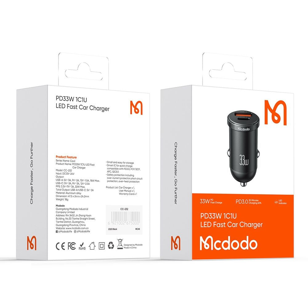 Incarcator Mcdodo Car Cool Series (CC-2320), Dual-Port, Fast Charger, 33W, Mini Size, 12-24V, Negru