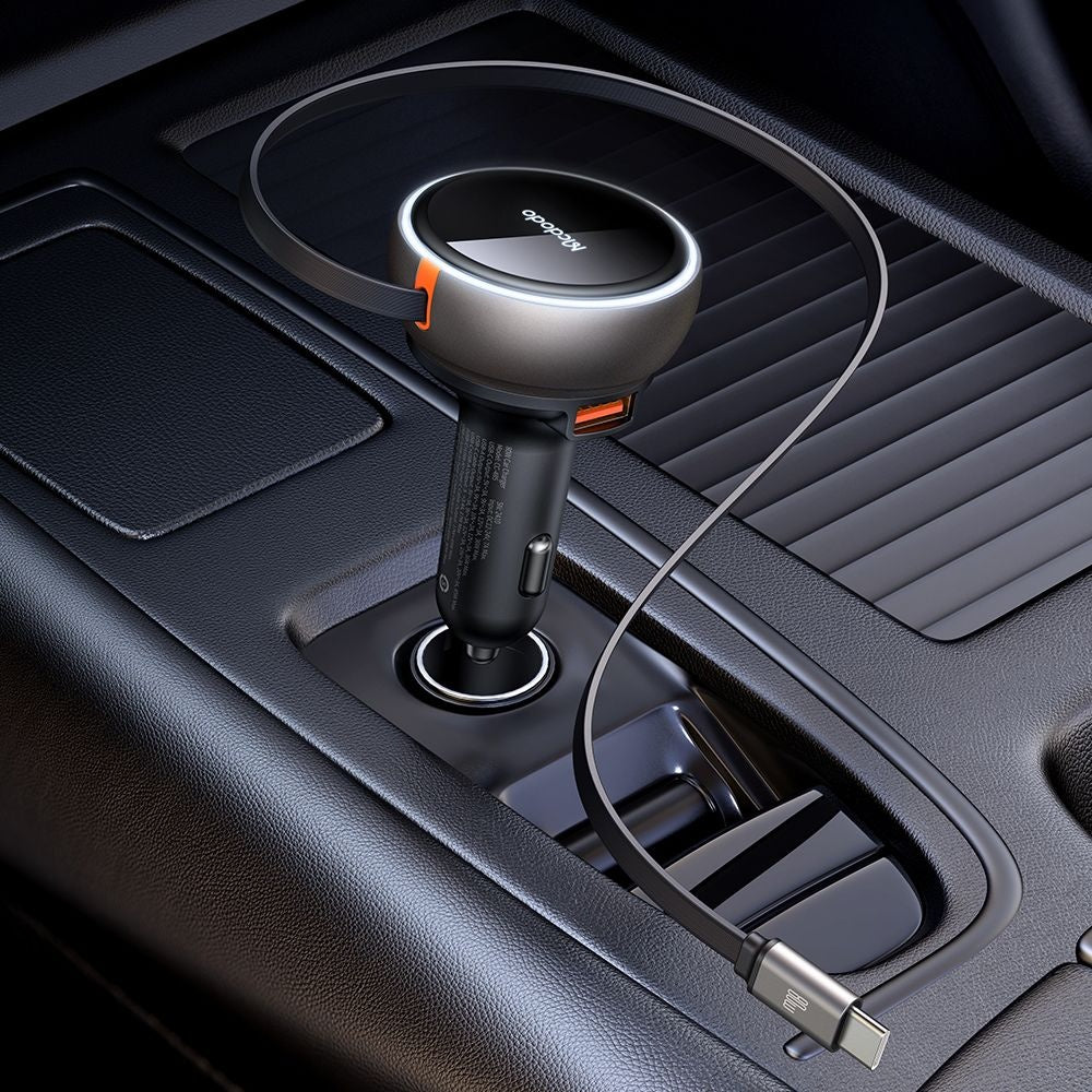 Incarcator Mcdodo Car (CC-4850), with USB-C Retractable Cable, 80W, Dual Port, Indicator Light Ring, 80cm, Negru