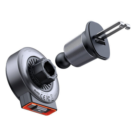 Suport Mcdodo with Wireless Charging (CH-3000), for Air Vent, 15W, Dual Magnetic Coils, Built-in Retractable Cable, Negru