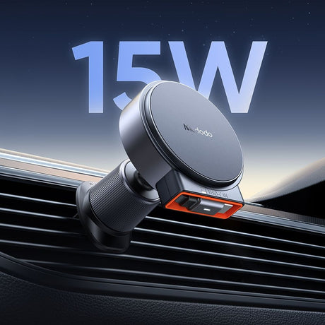 Suport Mcdodo with Wireless Charging (CH-3000), for Air Vent, 15W, Dual Magnetic Coils, Built-in Retractable Cable, Negru