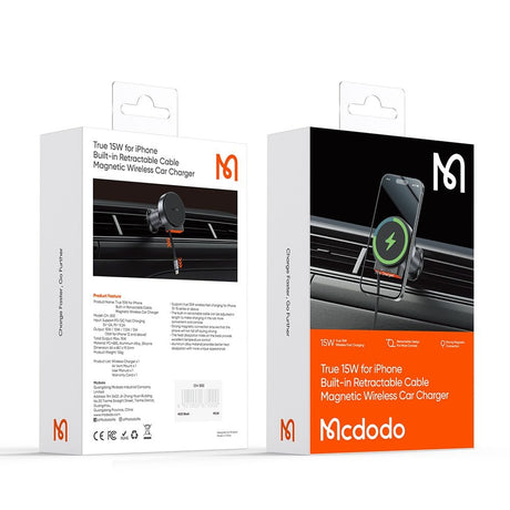 Suport Mcdodo with Wireless Charging (CH-3000), for Air Vent, 15W, Dual Magnetic Coils, Built-in Retractable Cable, Negru