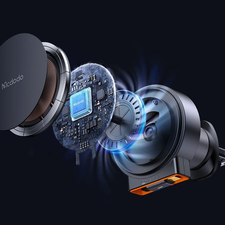 Suport Mcdodo with Wireless Charging (CH-0090), for Air Vent, 15W, Qi2, Built-in Retractable Cable, Negru