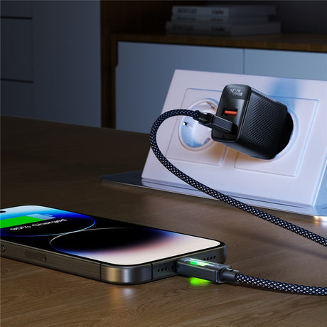 Cablu Acefast (C21-03), Fast Charge, Type-C to Type-C, 60W, 3A, Colorful Gradient Lighting Effect, 1.2m, Negru