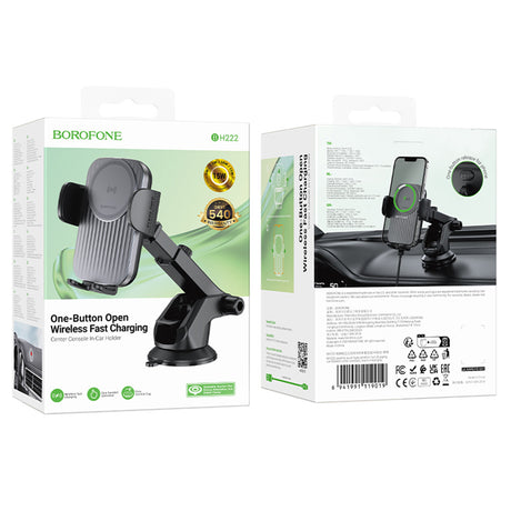 Suport Borofone with Wireless Charging Leading (BH222), for Dashboard/Windshield, Secure Grip, 15W, Negru Metal Grey