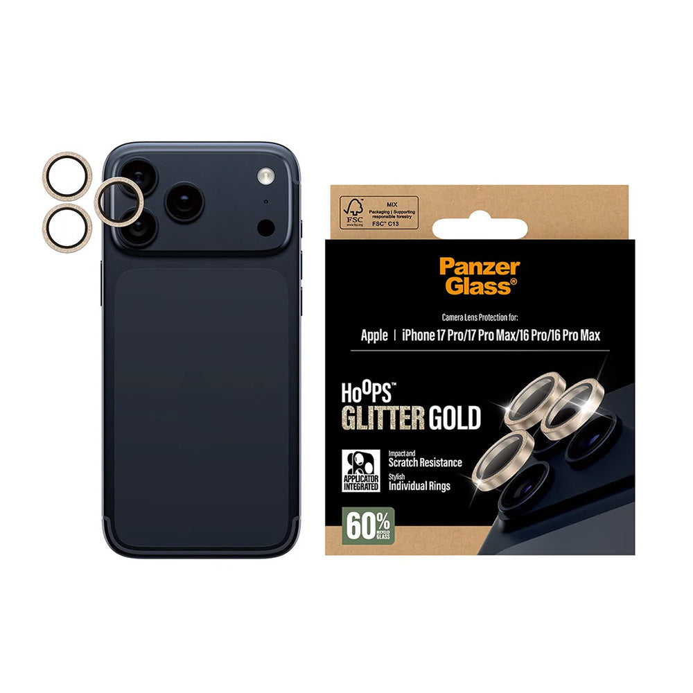 Folie de protectie PanzerGlass® Hoops® Camera Lens compatibil cu iPhone 17 Pro / iPhone 17 Pro Max / iPhone 16 Pro / iPhone 16 Pro Max, Glitter Gold