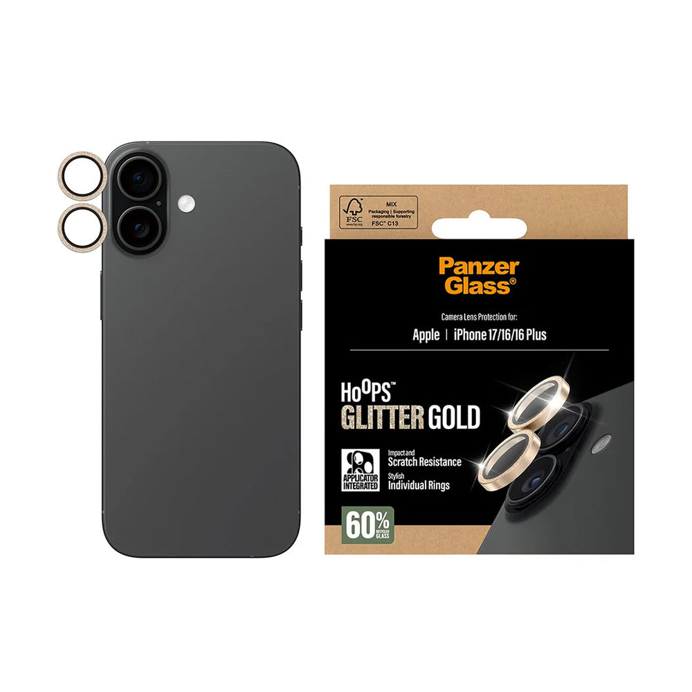 Folie de protectie PanzerGlass® Hoops® Camera Lens compatibil cu iPhone 17 / iPhone 16 / iPhone 16 Plus, Glitter Gold