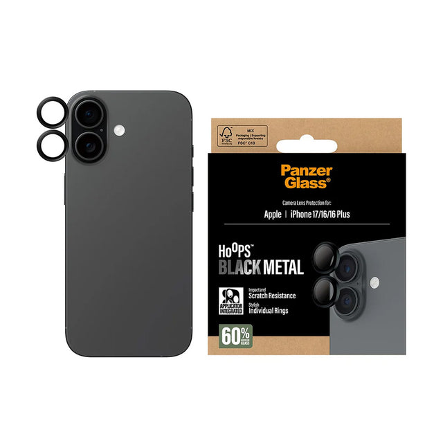 Folie de protectie PanzerGlass® Hoops® Camera Lens compatibil cu iPhone 17 / iPhone 16 / iPhone 16 Plus, Negru