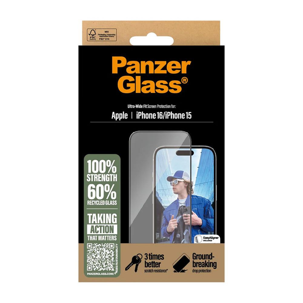 Folie de protectie PanzerGlass® Ultra-Wide Fit compatibil cu iPhone 16 / iPhone 15, Negru