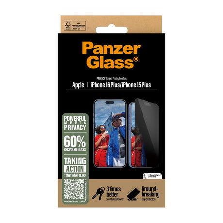 Folie de protectie PanzerGlass® Ultra-Wide Fit Privacy w. EasyAligner compatibil cu iPhone 16 Plus / iPhone 15 Plus, Negru
