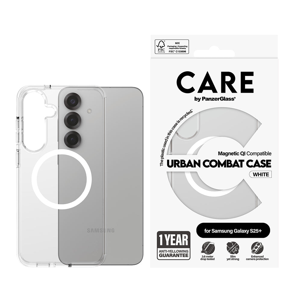 Husa de protectie PanzerGlass® CARE Flagship Urban Combat White Qi Compatible compatibil cu Samsung Galaxy S25 Plus, Transparent