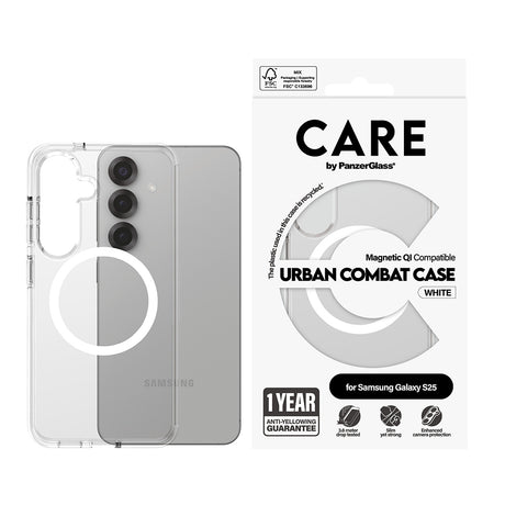 Husa de protectie PanzerGlass® CARE Flagship Urban Combat White Qi Compatible compatibil cu Samsung Galaxy S25, Transparent
