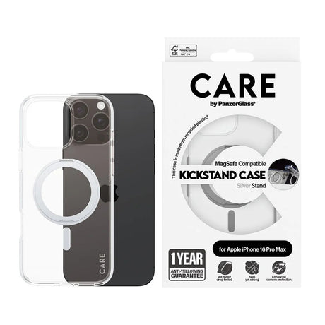 Husa de protectie PanzerGlass® CARE Feature Silver Kickstand & MagSafe compatibil cu iPhone 16 Pro Max, Transparent