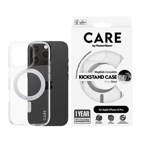 Husa de protectie PanzerGlass® CARE Feature Silver Kickstand & MagSafe compatibil cu iPhone 16 Pro, Transparent