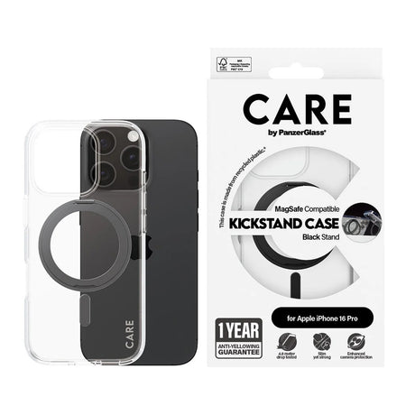 Husa de protectie PanzerGlass® CARE Feature Black Kickstand & MagSafe compatibil cu iPhone 16 Pro, Transparent