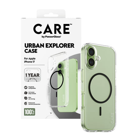 Husa de protectie PanzerGlass® CARE Flagship Urban Explorer Black MagSafe compatibil cu iPhone 17, Transparent