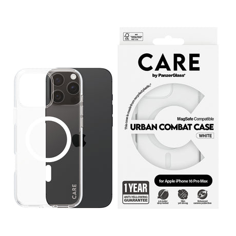 Husa de protectie PanzerGlass® CARE Flagship Urban Combat White MagSafe compatibil cu iPhone 16 Pro, Transparent