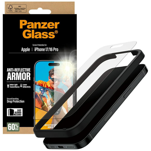 Folie de protectie PanzerGlass® Anti-Reflective Armor w. EasyAligner compatibil cu iPhone 17 / iPhone 16 Pro, Transparent Mat
