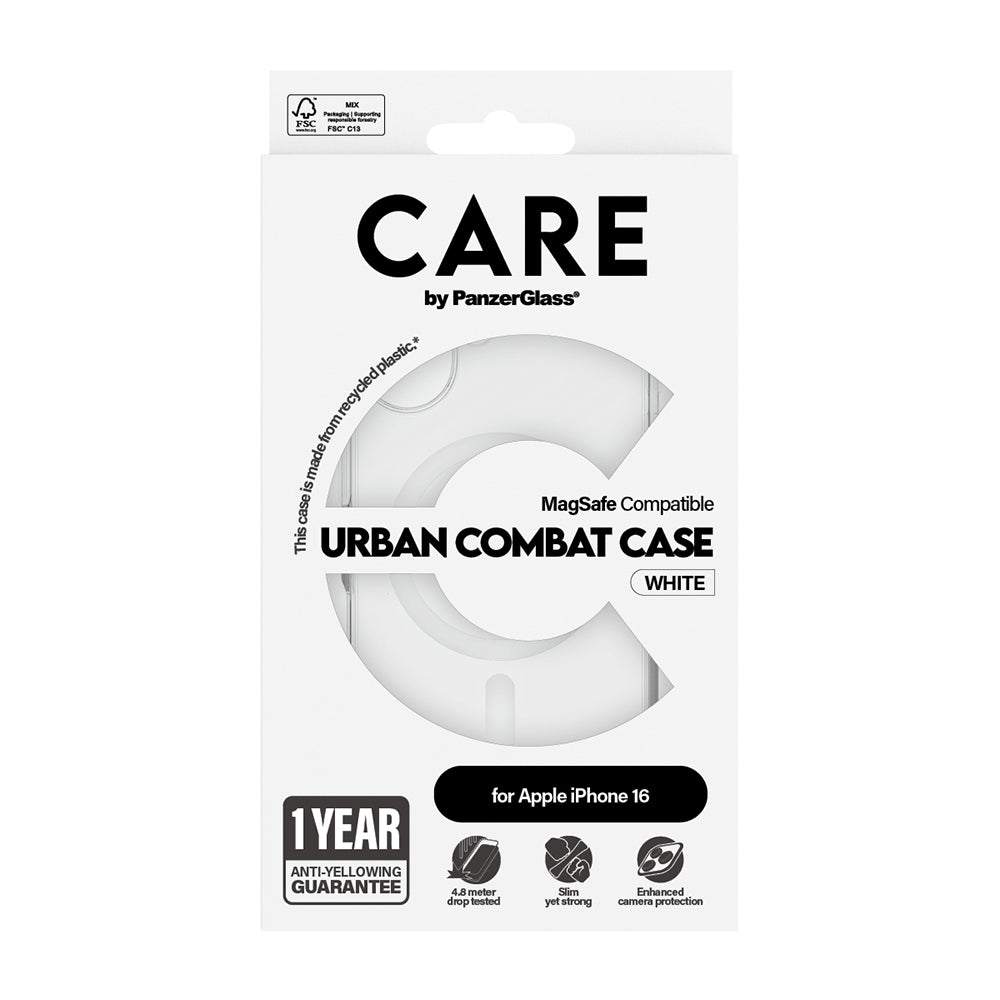 Husa de protectie PanzerGlass® CARE Flagship Urban Combat White MagSafe compatibil cu iPhone 16, Transparent