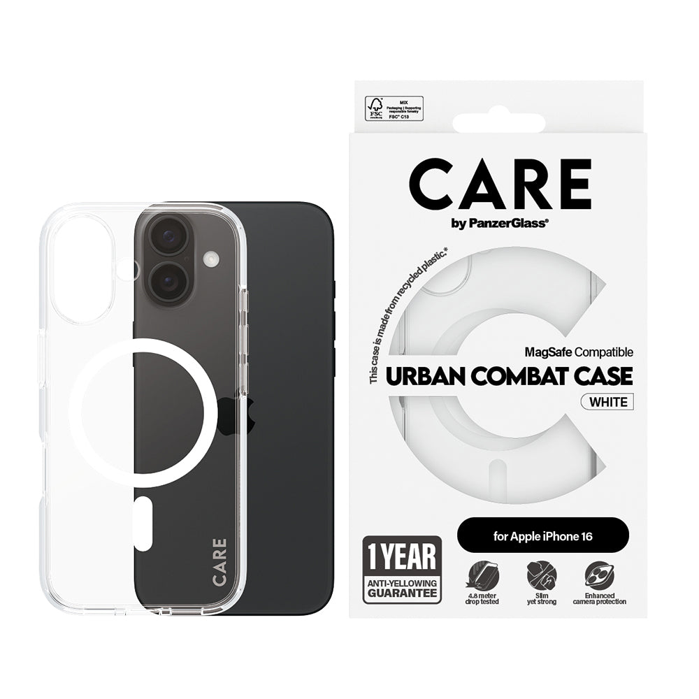 Husa de protectie PanzerGlass® CARE Flagship Urban Combat White MagSafe compatibil cu iPhone 16, Transparent