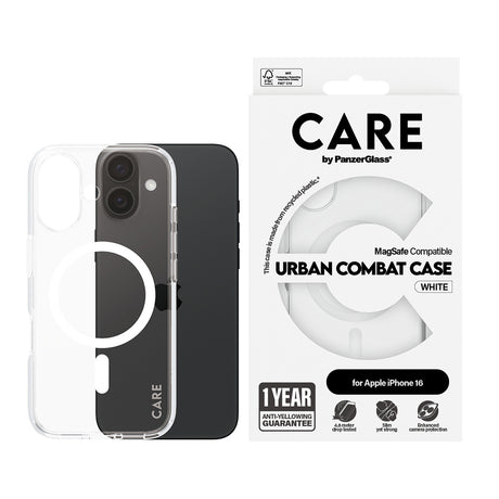 Husa de protectie PanzerGlass® CARE Flagship Urban Combat White MagSafe compatibil cu iPhone 16, Transparent