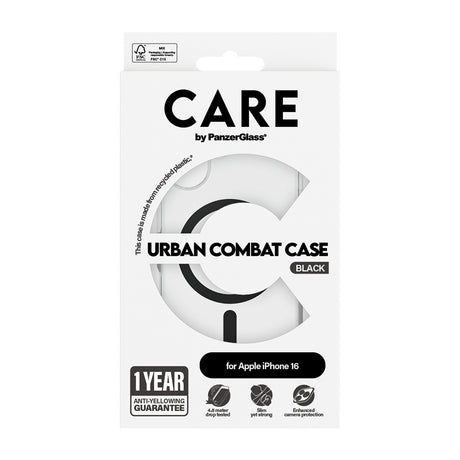 Husa de protectie PanzerGlass® CARE Flagship Urban Combat Black MagSafe compatibil cu iPhone 16, Transparent