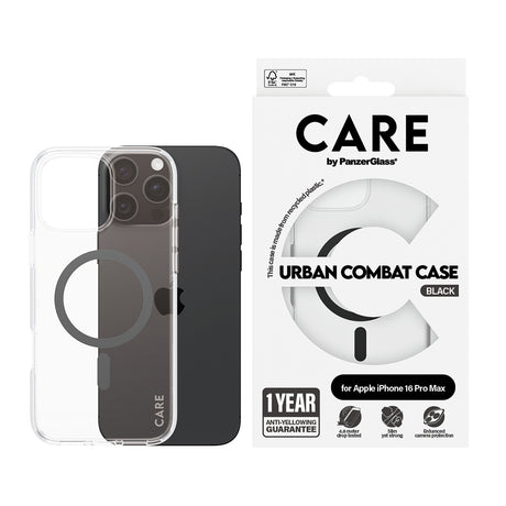 Husa de protectie PanzerGlass® CARE Flagship Urban Combat Black MagSafe compatibil cu iPhone 16 Pro, Transparent