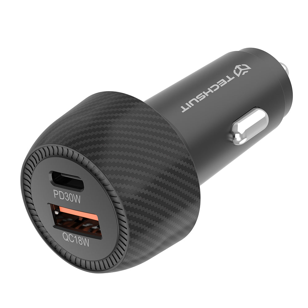 Incarcator Techsuit Car CarbonVolt (C7), Fast Charge 48W, USB, Type-C, QC3.0 18W, PD30W, Negru