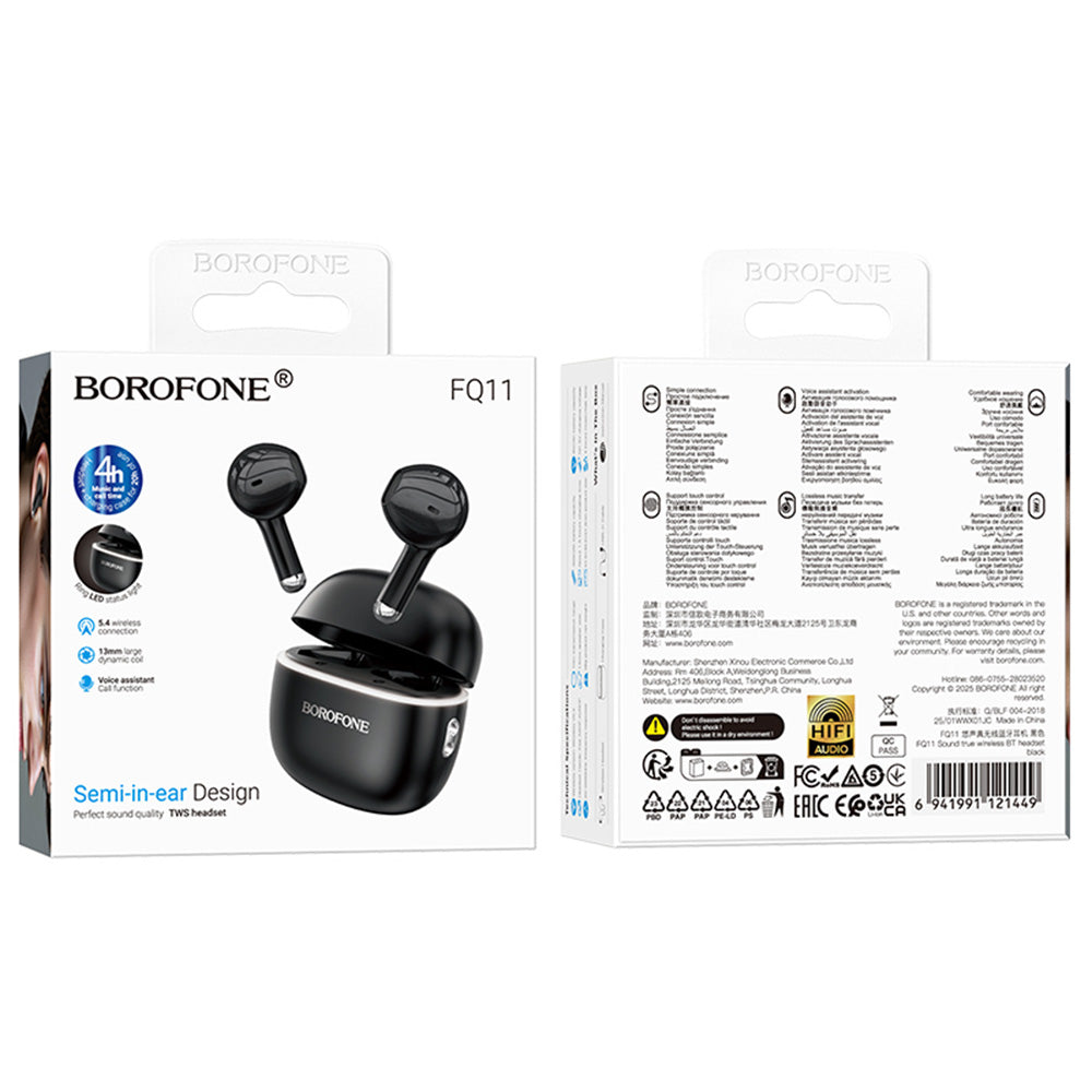 Casti Borofone Sound (FQ11), Bluetooth V5.4, 300mAh, True Wireless, Siri Activation, In-Ear Design, Negru