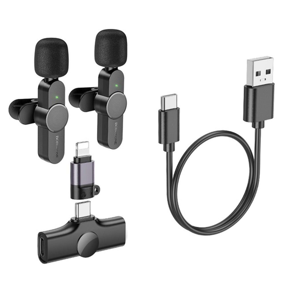 Casti Borofone (set de 2) Wireless Lavalier Microphones Trophy (BFK12), 2.4Ghz, Type-C, Lightning, 70mAh, Negru