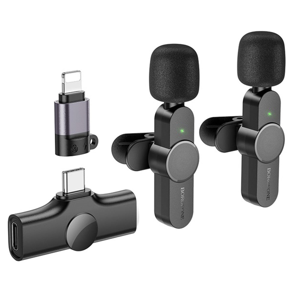 Casti Borofone (set de 2) Wireless Lavalier Microphones Trophy (BFK12), 2.4Ghz, Type-C, Lightning, 70mAh, Negru