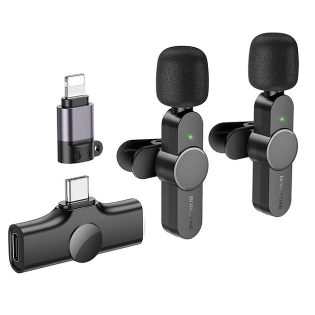 Casti Borofone (set de 2) Wireless Lavalier Microphones Trophy (BFK12), 2.4Ghz, Type-C, Lightning, 70mAh, Negru