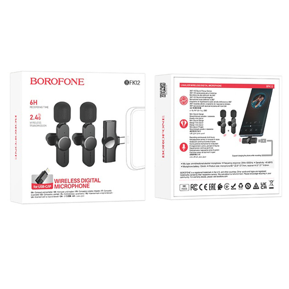 Casti Borofone (set de 2) Wireless Lavalier Microphones Trophy (BFK12), 2.4Ghz, Type-C, Lightning, 70mAh, Negru