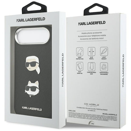 Husa de protectie Karl Lagerfeld FW Grained Karl & Choupette Heads Pins & Logo (KLHCP17MPSFDHPOK) compatibil cu iPhone 17 Air, Negru