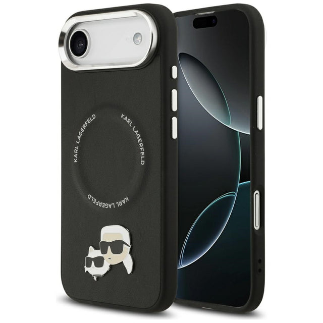 Husa de protectie Karl Lagerfeld Leather Karl & Choupette Pins MagSafe (KLHMP17MPSMLRKCK) compatibil cu iPhone 17 Air, Negru
