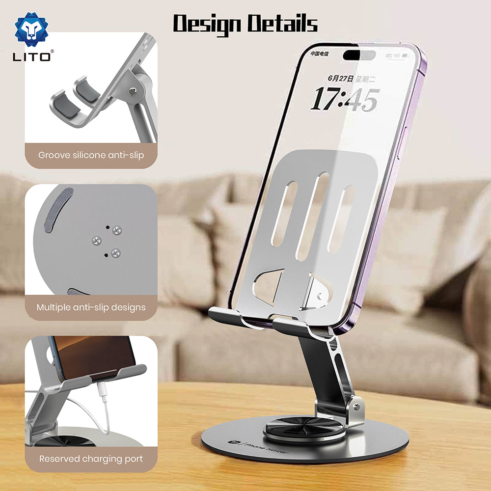 Suport Lito Phone (LT-H01), Foldable, 360° rotation, One-Hand Operation, Universal, Anti-Slip Design, Gri