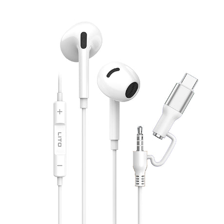 Casti Lito Wired Earphones (LF03), Jack 3.5mm, Type-C, Stereo, Half In-ear, with HD Microphone, 1.2m, Alb