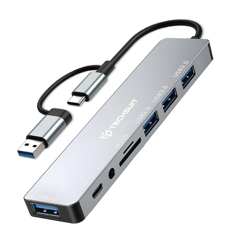 Hub/Dock Techsuit Docking Station DataBridge 8 in 1 (H9), USB, Type-C to 4x USB, Type-C, 3.5mm Jack, TF/SD Card, Gri