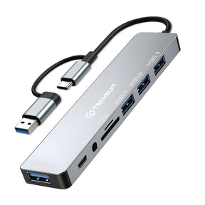 Hub/Dock Techsuit Docking Station DataBridge 8 in 1 (H9), USB, Type-C to 4x USB, Type-C, 3.5mm Jack, TF/SD Card, Gri