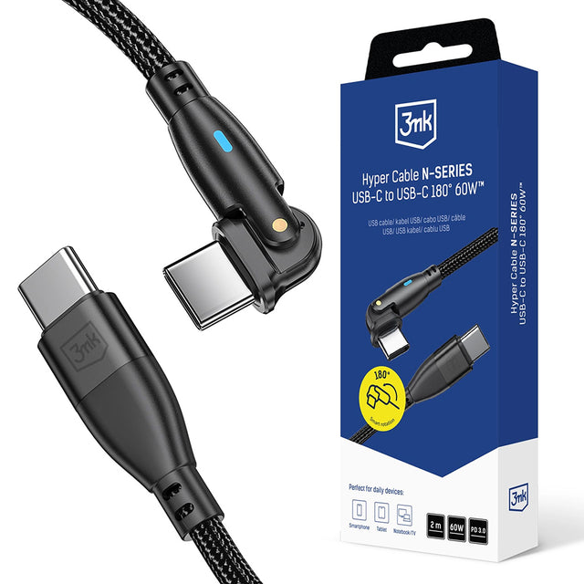 Cablu USB-C–USB-C 3mk, 60 W, 2 m, negru
