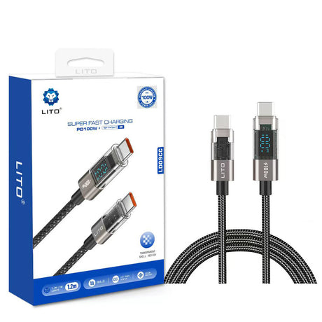 Cablu Lito (LD09CC), Type-C to Type-C, 100W High Speed Charging, LED Display, 1.2m, Negru