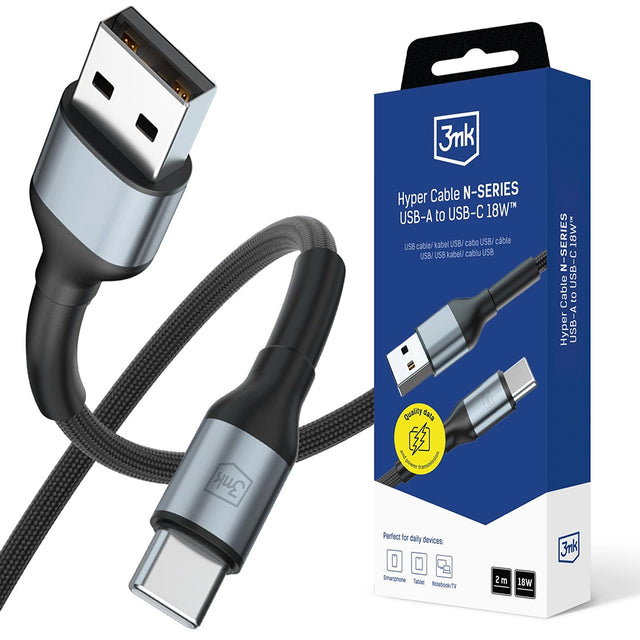 Cablu 3mk Hyper N-Series, USB to Type-C, 18W, 9V/2A, 2m, Negru
