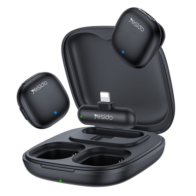 Casti Yesido (set de 2) Wireless Lavalier Microphones (KR20), 3in1 Receiver, Lightning, AI Noise Reduction, 2.4GHz, Negru