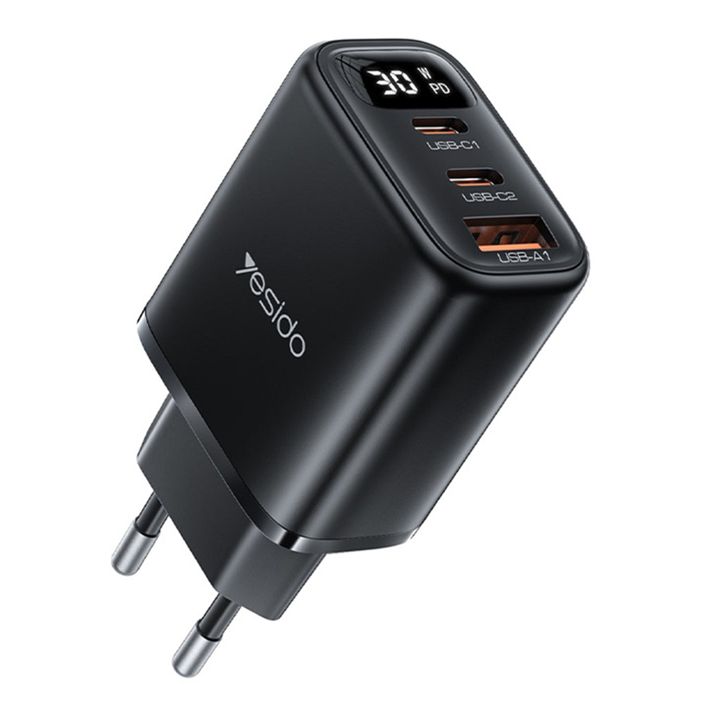 Incarcator Yesido (YC69), with Digital Display, Fast Charge, for Phone, Tablet, Laptop, USB, 2x Type-C, 30W, Negru