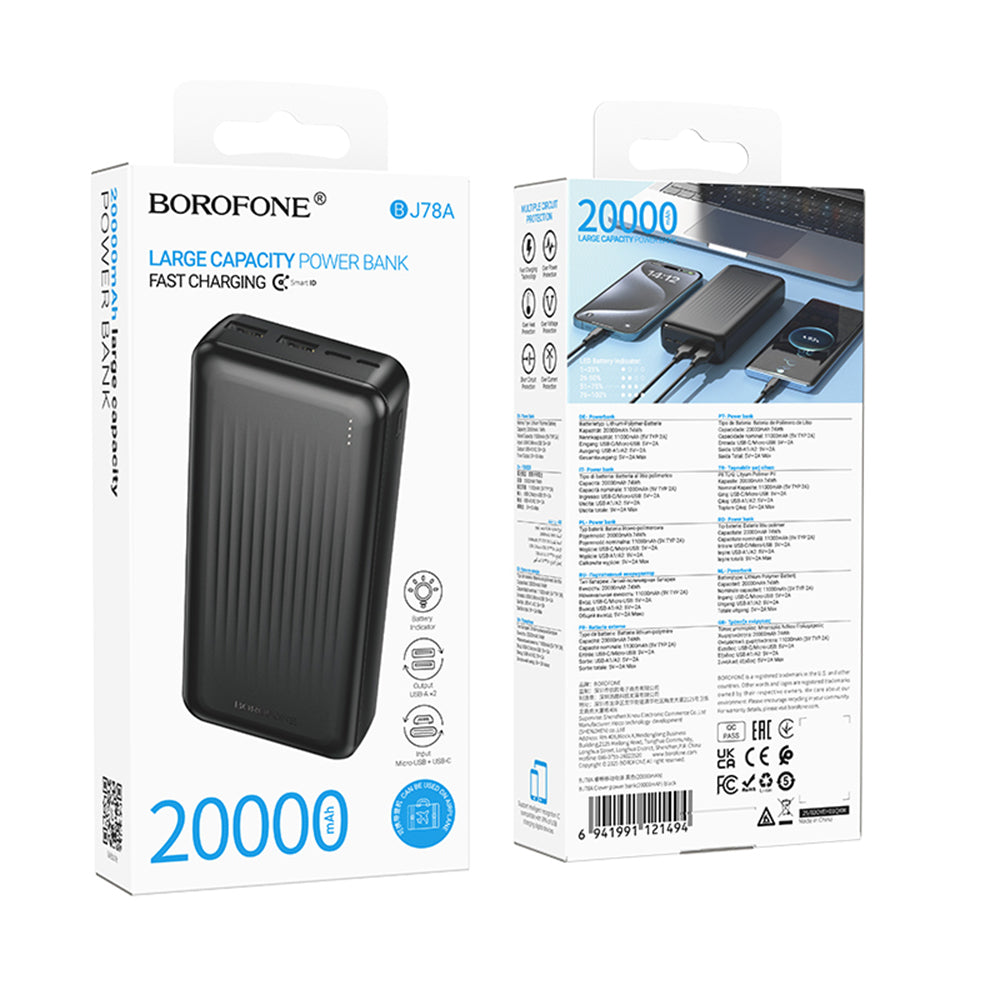 Baterie externa Borofone (BJ78A), 2 x USB, USB-C, Micro-USB, LED Indicator, 20000mAh, Negru